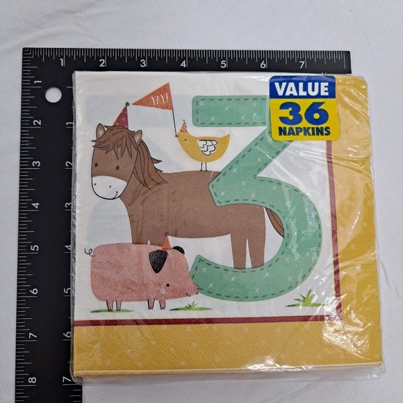 Third Birthday Barnyard Party Napkins Farm Animal Horse Chicken Pig Green 36 ct - Picture 5 of 5